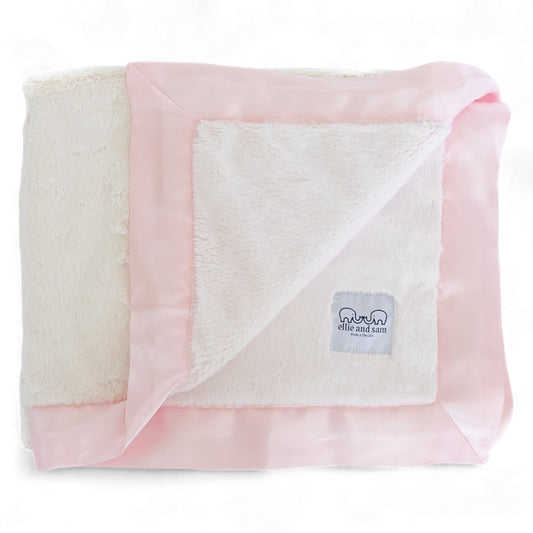 pink ivory baby blanket satin trim two tone soft plush nursery