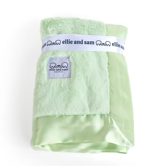 Mint green luxury baby blanket with satin trim, soft cozy blanket for nursery and everyday use