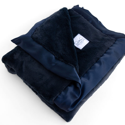 Navy luxury baby blanket with satin trim, soft cozy blanket for nursery and everyday use