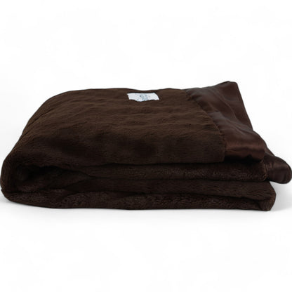 Chocolate luxe throw blanket, soft luxury fabric and smooth satin trim edge