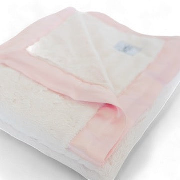 pink baby blanket satin trim soft plush fabric